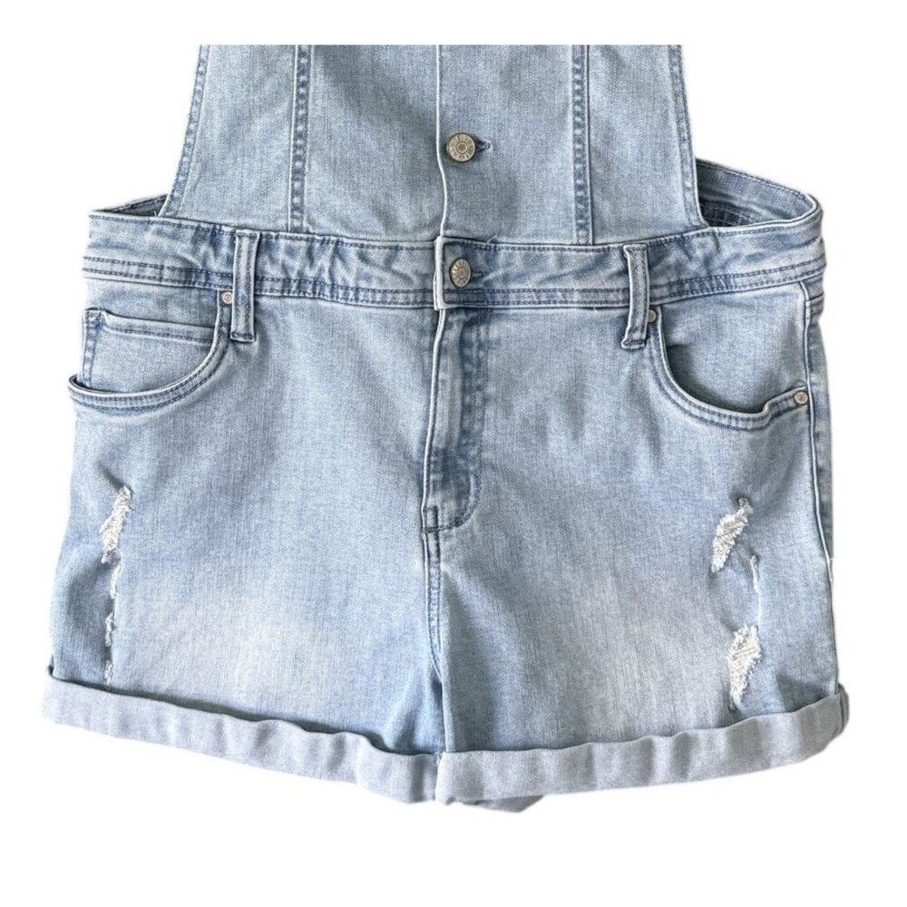 Celebrity Pink Light Wash Distressed Denim Overall Shorts Large Rolled Hem - Picture 4 of 8
